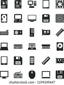 solid black flat icon set floppy disk vector, laptop, monitor, keyboard, screen, processor, computer, tablet pc, notebook, radiator fan, mouse, power supply, tower, motherboard, memory, card, hdd