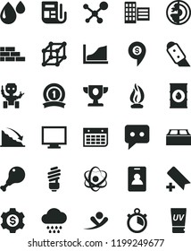solid black flat icon set monitor vector, add bookmark, cloud, brick wall, saving light bulb, city block, building, knife, chicken leg, oil, drop, recession, calendar, morning paper, think, molecule