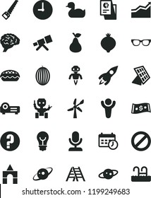 solid black flat icon set prohibition vector, question, rubber duck, box of bricks, arm saw, ladder, wall clock, bulb, apple pie, pear, medlar, melon, wind energy, rocket, dollar, projector, glasses