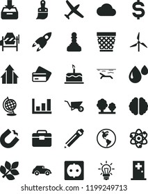 solid black flat icon set wicker pot vector, graphite pencil, building trolley, concrete mixer, plastic brush, portfolio, put in a box, cake, windmill, planet Earth, power socket, trees, drop, cloud