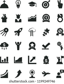 solid black flat icon set growth chart vector, square academic hat, graph, cup, man hold world, arrow, hands up, with flag, target, medal, ribbon, star, gold ring, vote check, money rain, bag, idea