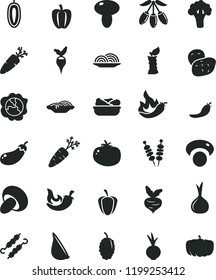 solid black flat icon set fried vegetables on sticks vector, onion, slices of, mushroom, porcini, lettuce in a plate, meat skewers, tomato, chili, beet, garlic, carrot, squash, mulberry, goji berry