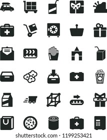 solid black flat icon set cargo trolley vector, first aid kit, bag of a paramedic, medical, e, packing juice with straw, box bricks, received letter, put in, drawer, strongbox, handles, gift, tin