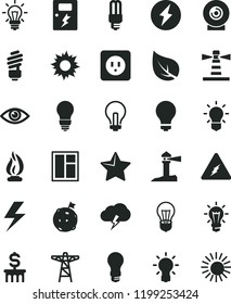 solid black flat icon set lightning vector, matte light bulb, incandescent lamp, window, saving, power socket type b, dangers, star, eye, storm cloud, lens, leaf, pole, mercury, lighthouse, coastal