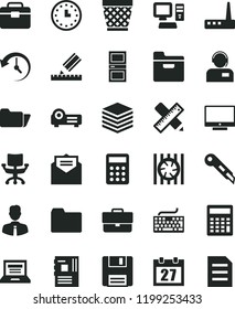 solid black flat icon set laptop vector, daily calendar, briefcase, wicker pot, keyboard, folder, calculator, portfolio, interroom door, writing accessories, drawing, stationery knife, employee