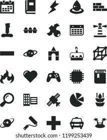 solid black flat icon set calendar vector, plus, minus, book, box of bricks, brick wall, new roller, city block, lightning, heart, car, bundle eggs, torte, mint, drop oil, lighthouse, pie charts