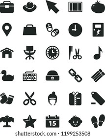 solid black flat icon set scissors vector, clock face, keyboard, spectacles, hat, remove label, rubber duck, accessories for a hairstyle, warm socks, children's hairdo, child shoes, winter, dangers