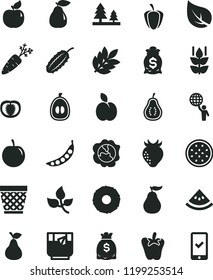 solid black flat icon set wicker pot vector, peper, a glass of tea, apple, pear, mint, squash, apricot, strawberry, half loquat, tasty plum, passion fruit, slice pineapple, ripe guava, part, tomato