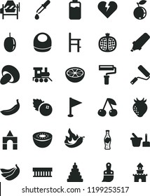 solid black flat icon set paint roller vector, pennant, baby bib, stacking toy, sand set, a chair for feeding, train, box of bricks, concrete mixer, new, plastic brush, broken heart, porcini, cherry