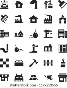 solid black flat icon set box of bricks vector, crane, tower, dwelling, big core, building trolley, window, wooden paint brush, siphon, buildings, city block, tile, ceramic tiles, putty knife, kiosk