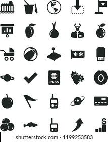 solid black flat icon set wind direction indicator vector, check mark, baby carriage, bath ball, toy phone, mobile, children's sand set, yule, passport, planet, move down, small fish, plum, ripe