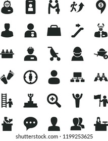 solid black flat icon set zoom vector, woman, women, summer stroller, children's tracks, workman, garden trolley, speech, racer, court hearing, man, goal, scheme, hand bag, conversation, scientist