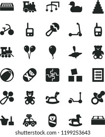 solid black flat icon set toys over the cot vector, dummy, new abacus, beanbag, baby rattle, rubber duck, bath ball, stacking toy, motor vehicle present, roly poly doll, tumbler, phone, mobile, yule