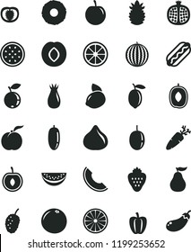 solid black flat icon set Hot Dog vector, carrot, strawberry, ripe peach, half pomegranate, plum, rose hip, fig, blueberry, tasty mulberry, water melon, slice of, delicious, date fruit, cherry