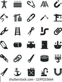 solid black flat icon set clip vector, safety pin, open, crane, tower, winch hook, adjustable wrench, hand saw, arm, stepladder, ladder, ntrance door, knife, stationery, kitchen faucet, anchor, pipe