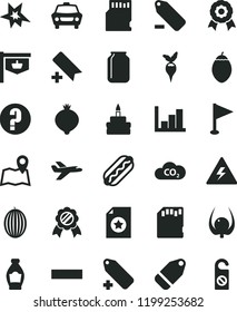 solid black flat icon set danger of electricity vector, add bookmark, minus, label, remove, pennant, negative histogram, question, car, Hot Dog, birthday cake, bottle, medlar, melon, tamarillo, CO2