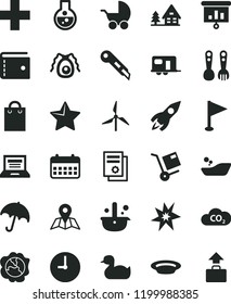 solid black flat icon set laptop vector, purse, plus, pennant, baby stroller, rubber duck, children's bathroom, plastic fork spoons, stationery knife, wall clock, star, map, umbrella, shipment, CO2