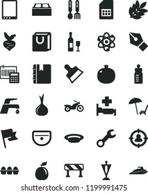 solid black flat icon set feeding bottle vector, iron fork spoons, sink, calculation, building block, putty knife, faucet mixer, traffic signal, notebook, flag, bag with handles, bundle of eggs