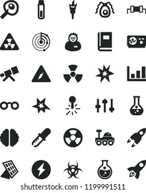solid black flat icon set round flask vector, radiation hazard, mercury thermometer, test tube, telescope, electricity, glasses, nuclear, brain, settings, bactery, book, biohazard, pipette, radar
