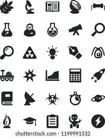 solid black flat icon set book vector, flask, microscope, telescope, nuclear, zoom, bulb, bactery, biohazard, flame, scientist, graduate hat, clipboard, calculator, growth graph, robot, saturn, bang