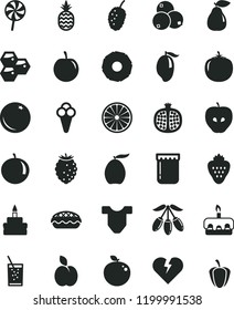 solid black flat icon set Child T shirt vector, broken heart, torte, birthday cake, apple pie, lollipop, a glass of soda, cone, jam, strawberry, pineapple, orange, honeycombs, half pomegranate, pear