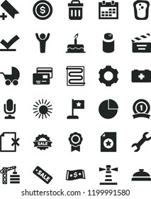 solid black flat icon set desktop microphone vector, calendar, add bookmark, movie cracker, pie chart, powder, baby stroller, bag of a paramedic, cake, tower crane, heating coil, delete page, cards