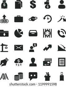solid black flat icon set clean paper vector, woman, growth up, dollar, upload folder, new abacus, ladder, drawer, cards, phone call, coins, Construction crane, man, recession, a crisis, dollars