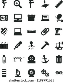 solid black flat icon set laptop vector, yardstick, zoom, mercury thermometer, small yule, gears, concrete mixer, cordless drill, construction level, spatula, road fence, hammer, anchor, lens, clip