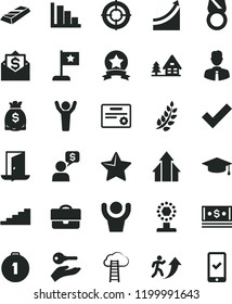 solid black flat icon set check mark vector, positive histogram, employee, star, portfolio, dollars, cash, laurel branch, cup, man arrow up, stairway, growth graph, hands, arrows, graduate, flag