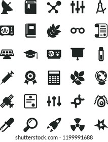 solid black flat icon set book vector, square academic hat, research article, test tube, molecule, glasses, nuclear, zoom, dna, settings, satellite, bactery, pipette, globe, oscilloscope, calculator