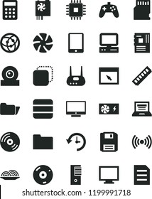 solid black flat icon set laptop vector, monitor, CD, screen, copy, onion, calculator, computer, tablet pc, fan, power supply, tower, motherboard, cpu, memory, web camera, router, network, browser