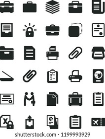 solid black flat icon set clip vector, clean paper, archive, upload data, portfolio, suitcase, case, pile, folder, survey, copy, statistical research, newspaper, encrypting, printer, scanner, file