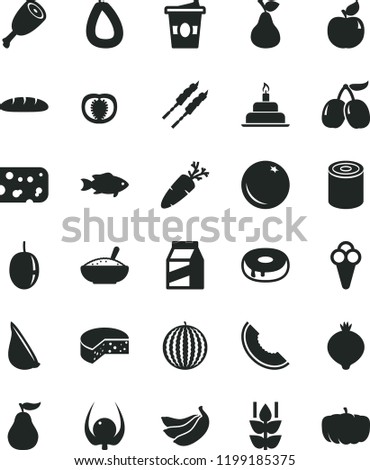 solid black flat icon set birthday cake vector, package, stick of sausage, piece cheese, loaf, tin, with a hole, bowl rice porridge, chicken thigh, barbecue, garlic, carrot, fish, coffe to go, cone Imagine de stoc © 