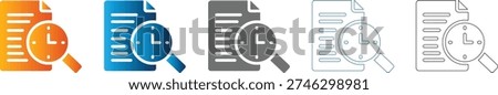 Solid black flat icon set of document search and time management on white background, vector illustration isolated.