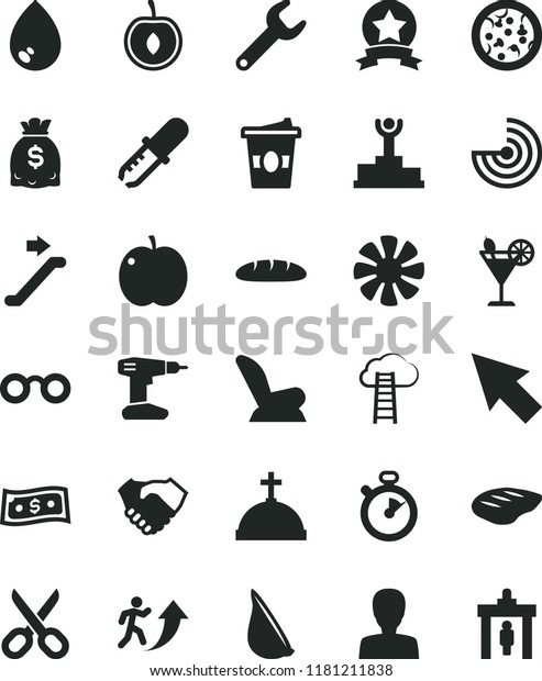 solid black flat icon set scissors vector, woman,\
car child seat, drill, drop, loaf, pizza, chop, garlic, coffe to\
go, cocktail, apple, half cherry, repair key, hand shake, dollars,\
fan, cursor