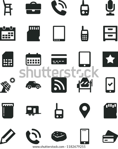 solid black flat icon set desktop microphone vector,\
calendar, bank card, rss feed, toy phone, mobile, a chair for\
feeding child, concrete mixer, smartphone, nightstand, call, piece\
of meat, jam, sd