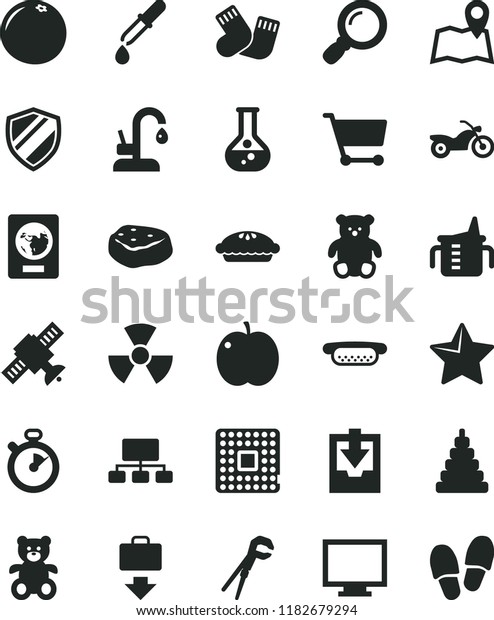 solid black flat icon set monitor vector, download\
archive data, measuring cup for feeding, stacking toy, warm socks,\
teddy bear, small, adjustable wrench, kitchen faucet, star, mini\
hot dog, pie