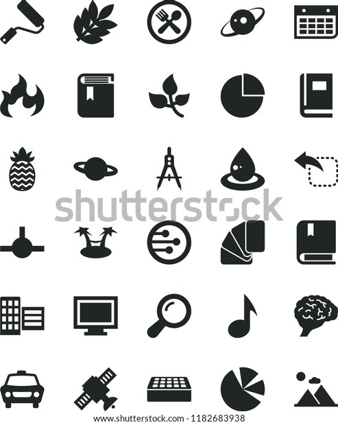 solid black flat icon set monitor window vector,\
pie chart, book, e, new roller, sample of colour, city block,\
brick, car, planet, move left, pineapple, leaves, drop oil,\
Measuring compasses,\
charts