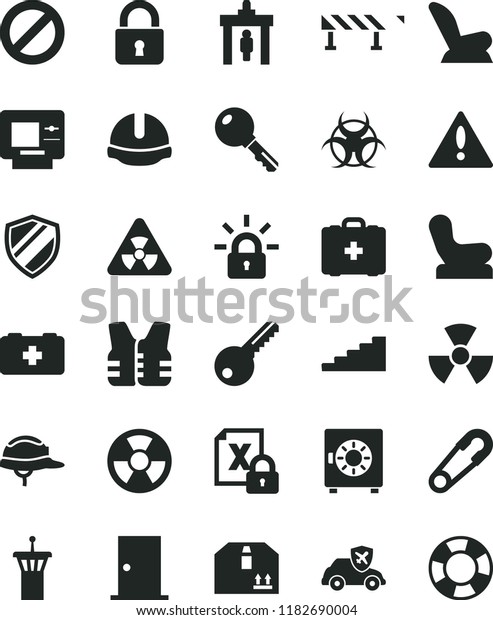 solid black flat icon set warning vector,\
prohibition, Baby chair, car child seat, safety pin, bag of a\
paramedic, medical, key, ntrance door, construction helmet, road\
fence, lock, strongbox,\
atm