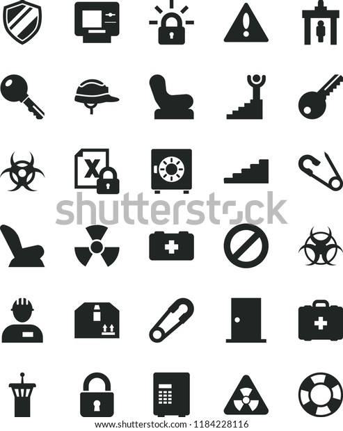 solid black flat icon set warning vector,
prohibition, Baby chair, car child seat, safety pin, open, bag of a
paramedic, medical, workman, key, ntrance door, helmet, lock,
strongbox, cardboard box