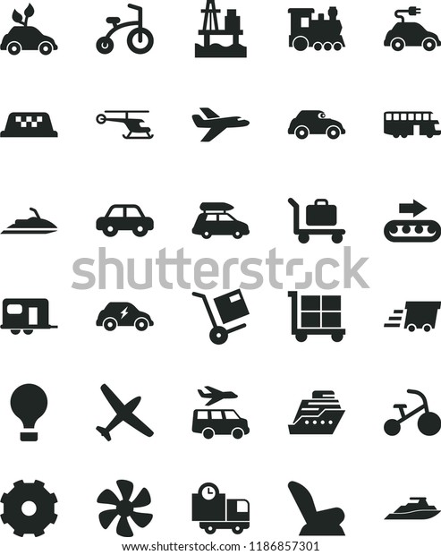 solid black flat icon set truck lorry vector, cargo\
trolley, car child seat, motor vehicle, bicycle, tricycle,\
delivery, shipment, sea port, marine propeller, production\
conveyor, electric,\
retro
