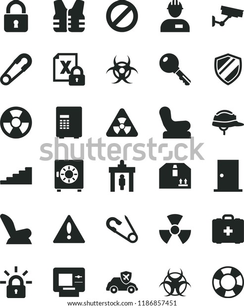 solid black flat icon set warning vector,\
prohibition, Baby chair, car child seat, safety pin, open, medical\
bag, workman, ntrance door, helmet, lock, key, strongbox, cardboard\
box, radiation hazard