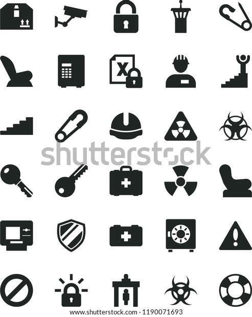 solid black flat icon set warning vector,\
prohibition, Baby chair, car child seat, safety pin, open, bag of a\
paramedic, medical, workman, key, construction helmet, lock,\
strongbox, cardboard box