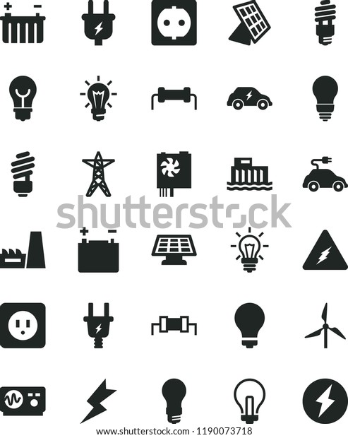 solid black flat icon set matte light bulb vector,\
incandescent lamp, saving, power socket type b, lightning,\
windmill, accumulator, battery, hydroelectric station, line, plug,\
electric, energy, car