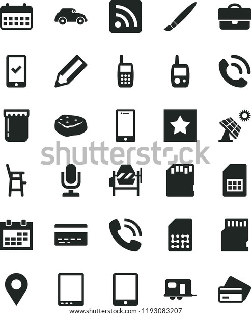solid black flat icon set tassel vector, desktop\
microphone, calendar, bank card, rss feed, toy mobile phone, a\
chair for feeding child, concrete mixer, smartphone, call, piece of\
meat, jam, SIM, sd