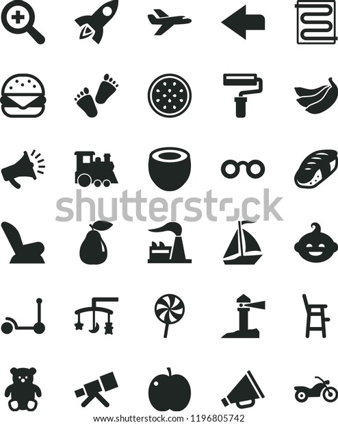 solid black flat icon set paint roller vector, left\
direction, zoom, horn, toys over the cradle, car child seat, a\
chair for feeding, small teddy bear, funny hairdo, children\'s\
train, tracks, sushi