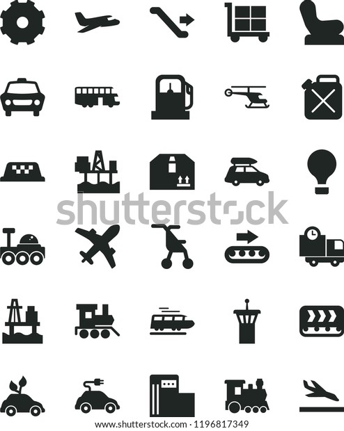 solid black flat icon set truck lorry vector, cargo\
trolley, Baby chair, sitting stroller, toy train, car, delivery,\
cardboard box, sea port, commercial seaport, gas station, modern,\
conveyor, plane