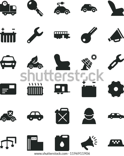 solid black flat icon set truck lorry vector,
horn, toys over the cot, Baby chair, car child seat, motor vehicle,
key, pass card, delivery, big solar panel, modern gas station,
accumulator, battery