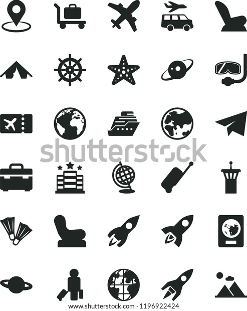 solid black flat icon set sign of the planet vector,\
paper airplane, Baby chair, car child seat, suitcase, geolocation,\
rocket, globe, saturn, airport tower, passenger, passport, plane\
ticket, tent