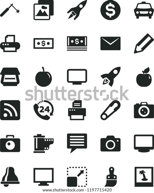 solid black flat icon set bell vector, image of\
thought, monitor, camera, roll, rss feed, safety pin, plastic\
brush, envelope, picture, car, 24, expand, apricot, tasty plum,\
welding, pencil, dollar